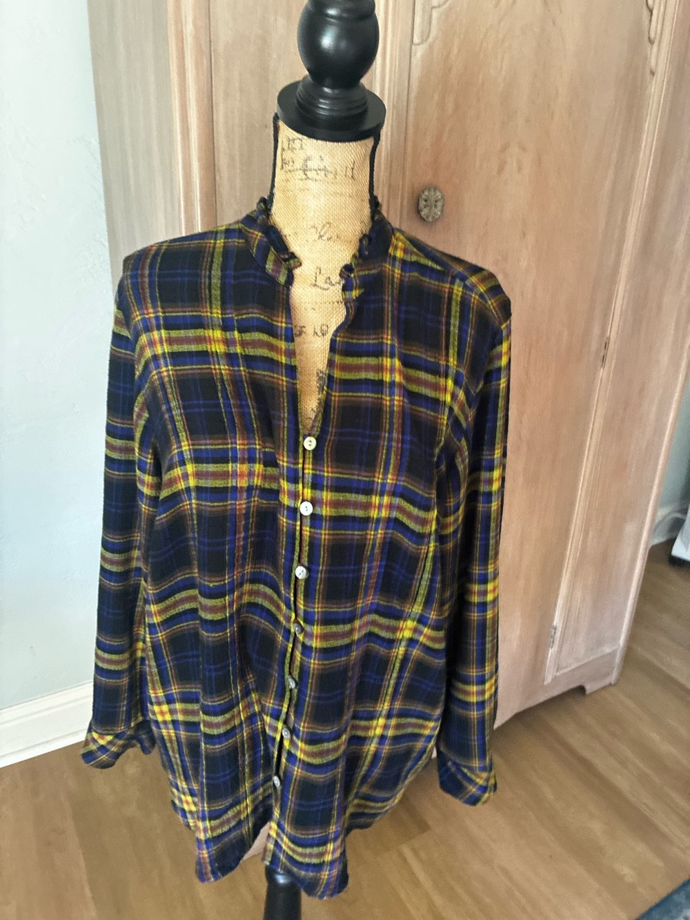 J. Jill Denim yellow Blue Plaid Button Front Long Sleeve shirt blouse XL